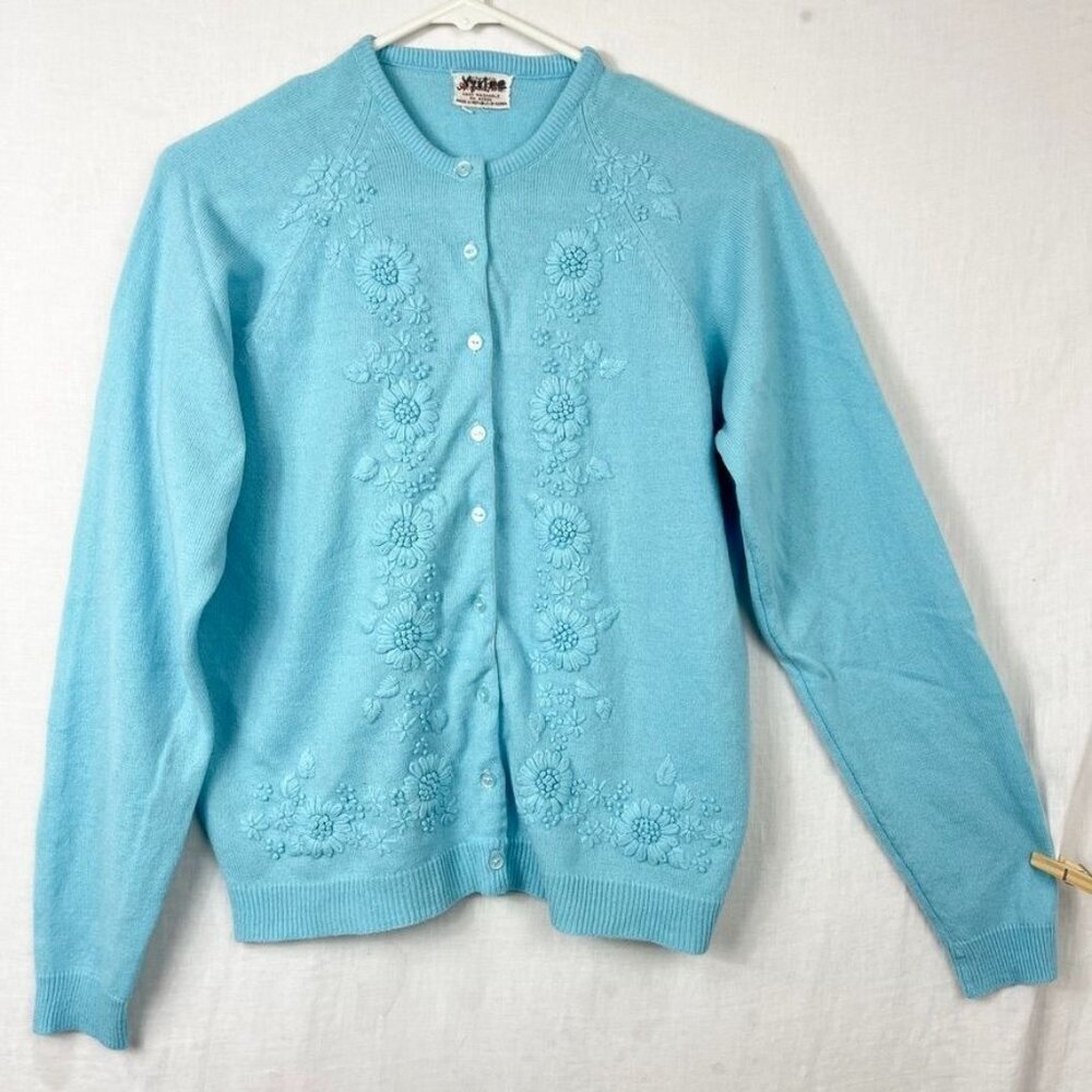 Vintage 60s‎ Embroidered Button Up Cardigan Womens M Grandma Twee Academia Blue